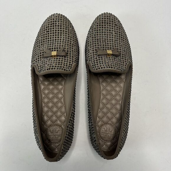 Tory Burch 7M Chandra Sparkle Smoking Slipper Loafer Crystal Studs Bow Taupe - Picture 6 of 8